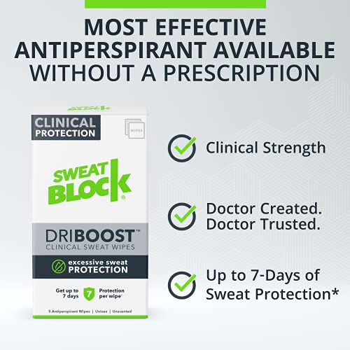 Sweatblock Antiperspirant Underarm Wipes For Men & Women - Clinical Strength For Hyperhidrosis - Carpe Diem To Living Sweat Free W/Up To 7-Day Protection Per Driboost Unscented Wipe - 5 Pack #TOP4