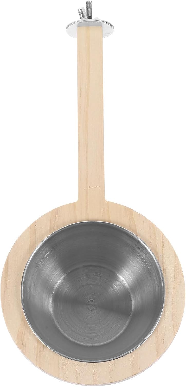Bird Cage Feeding Bowl with Wood Perch, Stainless Steel Parrot Feeder