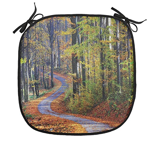 Lunarable Forest Chair Cushion Pad, Winding Path Through Fall Forest with Golden Yellow Leaves on Road Landscape, Seat Padding for Kitchen & Patio with Anti-Slip Backing, 16'x16', Brown Orange Green