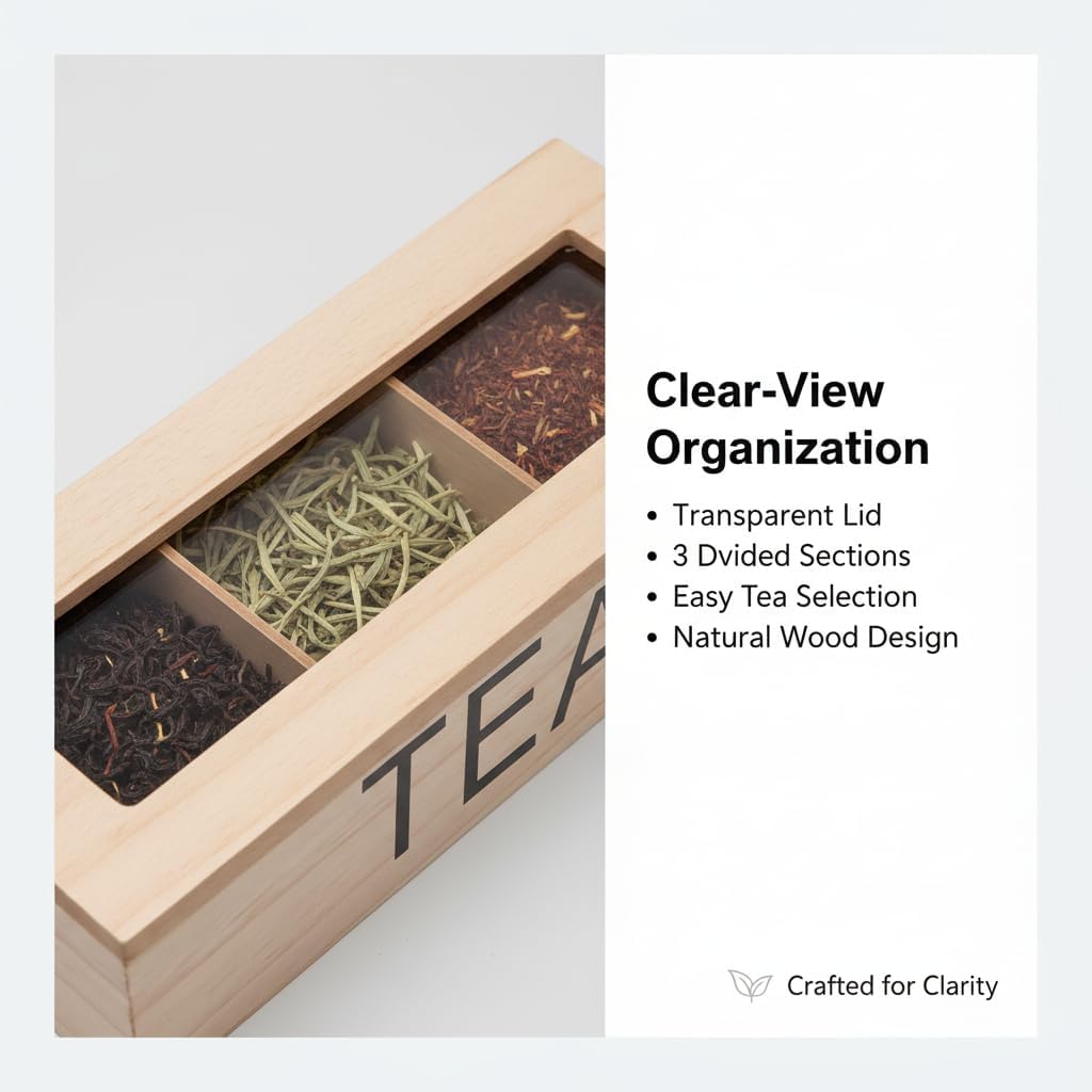 Wooden Tea Bag Holder with Transparent Window - 3 Compartment Storage Box for Coffee Station - product image 5