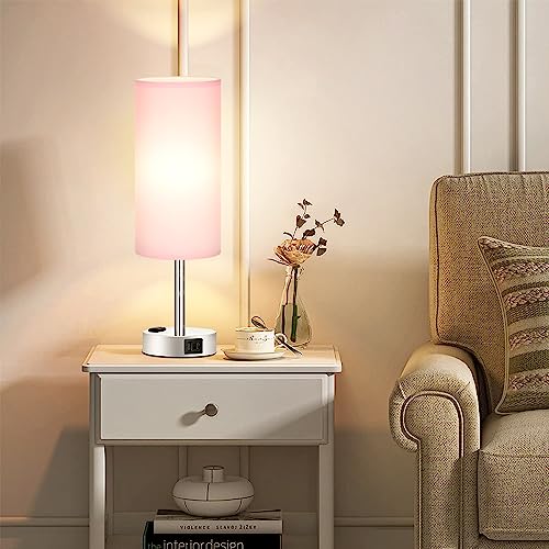 Pink Table Lamp For Bedroom Nightstand - 3 Way Dimmable Touch Lamp Girls Room Usb C Charging Ports And Ac Outlet, Small Lamp Wood Base Round Flaxen Fabric Shade For Office Desk, Led Bulb Included #TOP5