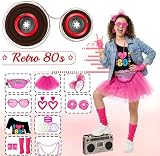 Beamely 26 sztuk kostiumów w stylu lat 80., akcesoria wieczorowe, dyskoteka, neon, lata 90., t-shirt, tutu, bransoletka, saszetka, okulary, naszyjniki, opaski na nogi, strój na rok, imprezę, karnawał
