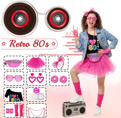 Beamely Ensemble de 26 pièces d'accessoires de costume années 80 - Vêtements de soirée - Disco - Néon - Années 90 - T-shirt - Tutu - Bracelet - Bandoulière - Lunette - Bracelet - Collier - Jambières – vue 4