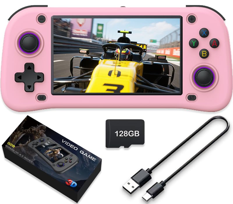 New Handheld Game Console,Built-in 64G with 15000 games,Linux System,Portable Handheld Video Game Console ,4.3 inch IPS Screen 30+ emulators& Linux System (Pink,128G)