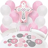 Little Miracle Girl Pink & Gray Cross - Confetti and Balloon Party Decorations - Combo Kit