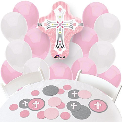 Little Miracle Girl Pink & Gray Cross - Confetti and Balloon Party Decorations - Combo Kit