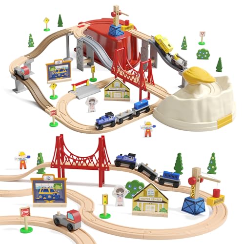 tonfoo Train Set 59pcs Train Set, Toy Train for Boys & Girls with Wooden Train Track, Wooden Toys for 3-7 Years Old Toddlers & Kids, Railway Set Christmas Toys for Kids