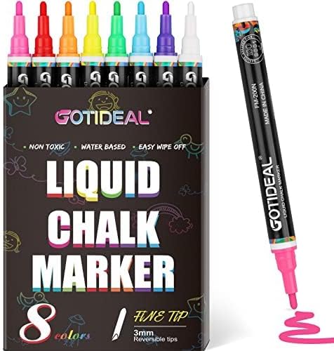 - GOTIDEAL Liquid Chalk Markers, Fine Tip 8 Colors | Washable Window Chalkboard Glass Pens, Paint and Drawing for Car, Blackboard, Bistro, Non-Toxic, Wet Erase, Reversible Tip