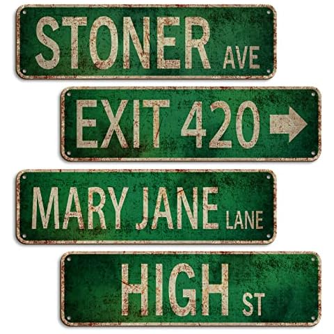 Booda Brand Stoner Avenue Street Sign 4 Signs of Exit 420 /High St/Mary Jane Lane/Stoner Ave for Room Decor, Duplex Printed Trippy Room Decor for Stoner, Vintage Rustic Retro Garage Decor Sign Cover