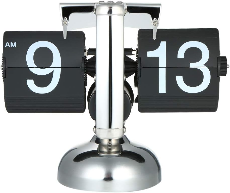 Decdeal Retro Flip Down Clock with Stainless Steel Flip Internal Gear Operated, Small Scale Quartz Clock, Black