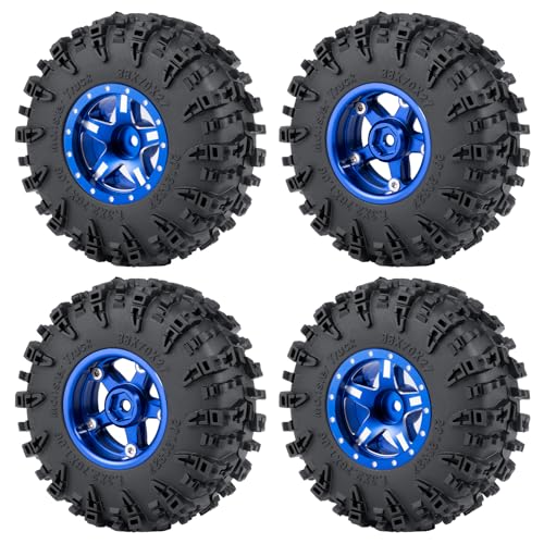 JGGZONE 4PCS 1.3\" Beadlock Wheel Tires Set Aluminum 1.3inch 5-Spoke Beadlock Wheel Hub Wheel Rim 7mm Hex ï¼† 70mm/2.76inch Rubber Crawler Tires for 1/18 1/24 RC Crawler Car SCX24 TRX4M (Blue)
