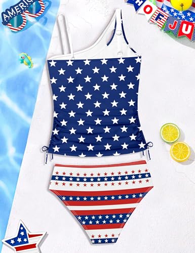 Image of AGAPENG Girls Swimsuit Two Piece One Shoulder Tankini Floral Print Drawstring Swimwear Set 7-14Y