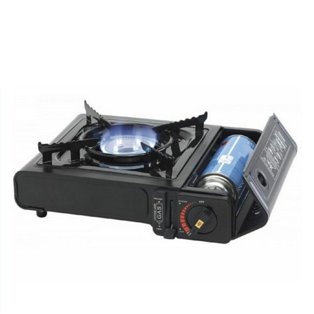 Fornello da campeggio a gas, doppio attacco Bombola GPL o cartuccia Gas Butano, con valigetta portatile, 4 cartucce Incluse, 1 fuoco, potenza 2.200W, fornello outdoor cucina per esterno
