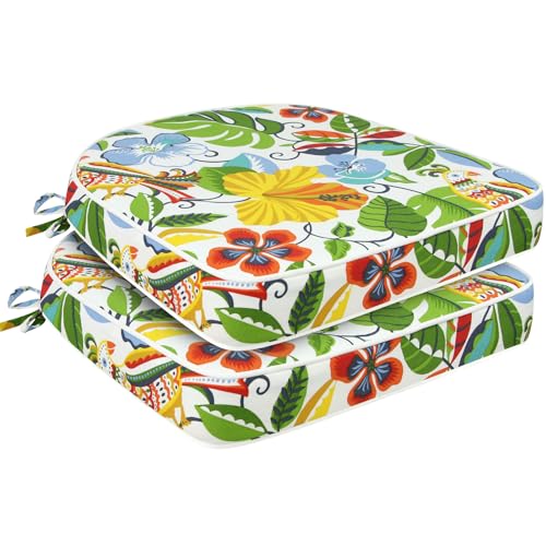 Naigle living Outdoor Chair Cushions Set of 2,19"x19" Memory Foam Patio Chair Pads with Ties, Round Corner Seat Cushion for Outdoor Furniture Garden Deck,Flower Bird