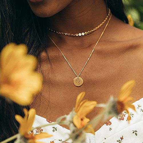 Guemer 12 Birth Month Flower Pendant Necklace 14K Gold Plated Dainty Simple Month Birth Floral Disc Pendant Engrave Coin Necklace Minimalist Jewelry Mom Daughter Bff Gift #TOP1
