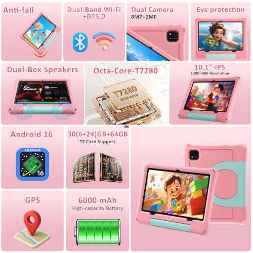 Image of Kids Tablet, 10.1 inch Android 16 Tablet for Kids, Gift for Ages 6-12 | 30GB RAM 64GB ROM 1TB Expand, Eye Care HD Display, Parental Control, 6000mAh, WiFi, BT5.0, GPS, Pink Shockproof EVA Case