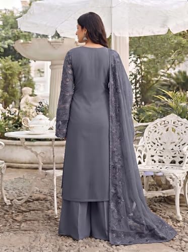 Image of RUDRAPRAYAG Women's Georgette Fabric Wih Embroidered Sequence Work And On Neck Moti Hand Work Semi Stitched Sharara Salwar Suit With Dupatta Set