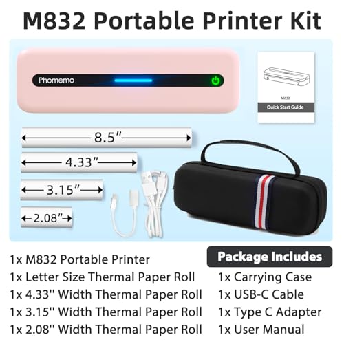 Phomemo M832 Portable Printers Wireless for Travel, Bluetooth Inkless Thermal Printer, Support 8.5"x11"/A4/4.33"/3.15"/2.08" Thermal Paper, Compatible with iPhone Laptop for Office School Home Use