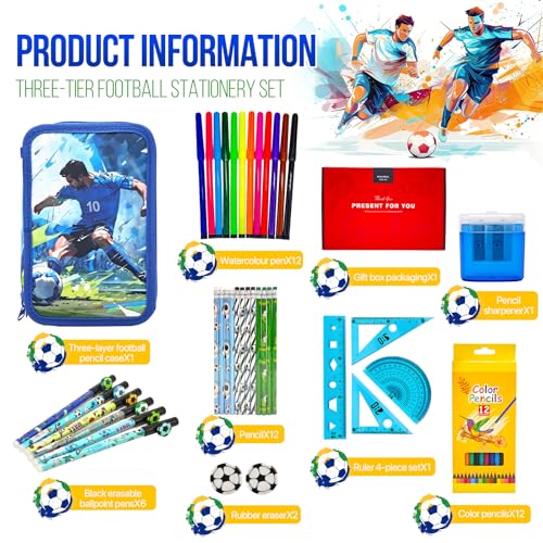 Ronronner 46pcs Federmäppchen Jungen – Fußball Motiv | Mäppchen Jungs 3fach mit 24 Buntstifte + Watercolor Stifte | Federtasche Jungen groß als Schlampermäppchen für die Schule