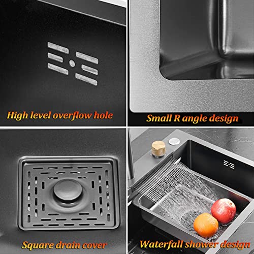 Single Bowl Kitchen Sink, New Stainless Steel Waterfall Sink,Bar Sink, With Cup Washer Sinks, Farmhouse Workstation Sink Drop In Top Or Under Mount (Color : Black-Grey, Size : 80X45X20Cm) #TOP5