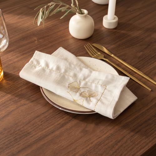 Image of R home Set of 6 Leaf Luxe 45x45 cm Premium Embroidered Cotton Table Napkins | Reusable Soft Washable Cloth Dinner Napkins | Dining & Kitchen Table Linen