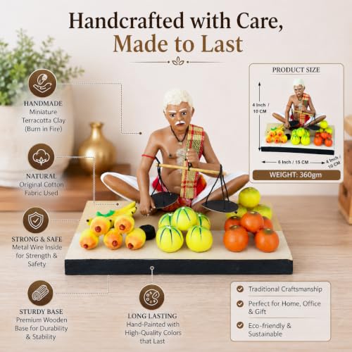 Image of Krishnanagar Handmade Clay Gift & Decor | Standard- Sitting Human Figure Miniature Idol - Fruit Seller