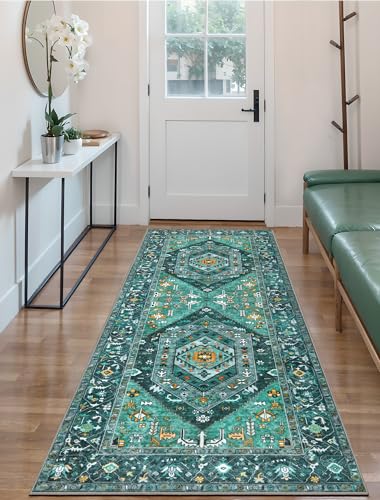 SERISSA Boho Washable Runner Rug, 2x6 Rug Runner Non-Slip Vintage Teal Hallway Kitchen Runner Rug Ultra Soft Print Distressed Tribal Floor Carpet Runner for Bedroom Bathroom Laundry Living Room