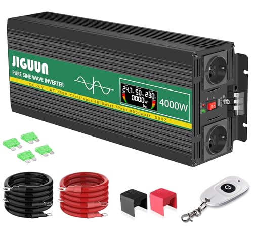 JIGUUN 4000W 8000W Wechselrichter Spannungswandler 24V auf 230V Reiner Sinus mit LCD-Anzeige Drahtlose Fernsteuerung 2 EU Steckdosen 1 USB Geeignet für Wohnmobil Camper LKW
