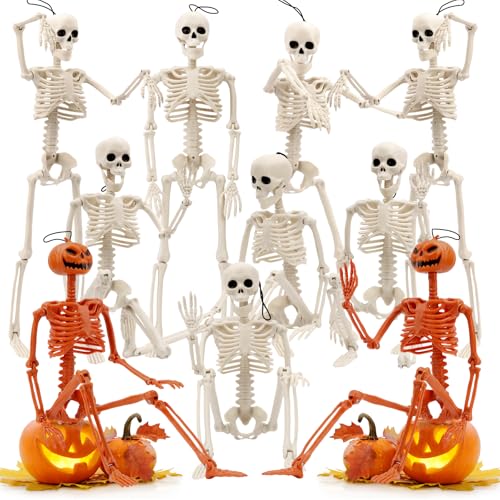 10 PCS Halloween Skeleton 16 Inches, Full Body Posable Hanging