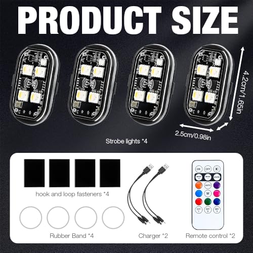 Mineup 4 Stück Kabellose Led Lichter, 8 Farbiges Strobe Drone Light, Fernbedienung Blitzlicht mit Fernbedienung, USB-Aufladung Antikollisionslichter,LED Flugzeug Blitzlicht für Drohne Motorrad