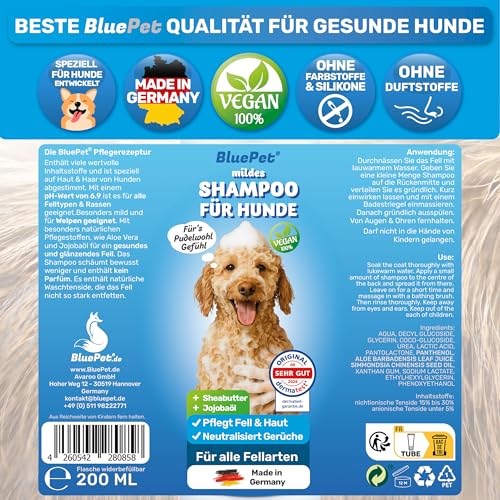 BluePet Mildes Hundeshampoo Gegen Juckreiz, Gerüche & Schmutz 200ml - Rückfettend & pH-Neutral - Für alle Hunderassen, Langhaar & Weißes Fell + Mit Aloe Vera & Jojobaöl