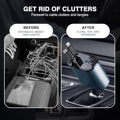Image of Prolet 120W 4 in 1 Car Charger with 2 Retractable Cable (Type C & iPhone), 1 USB & 1 Type C Port- Universal Car Charger Compatible with All Android & iPhone Series 17 /16 / 15 /14 / 13 /12 / 11