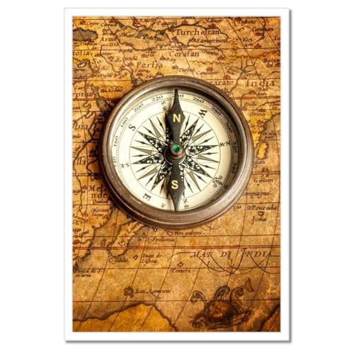 Poster carte et boussole avec cadre noir 40x60cm decoration murale geographie