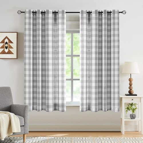 Abstractex Grey White Gingham Sheer Curtains 60x54 Inch for Bedroom Buffalo Check Linen Textured Semi Sheer Privacy Drapes for Living Room Light Filtering Wide Window Treatments 2 Pcs Eyelet