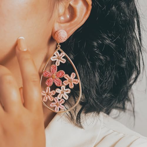 Flower Teardrop Earrings Boho Raffia Earrings Cute Floral Dangle Earrings Trendy Statement Jewelry for Women3