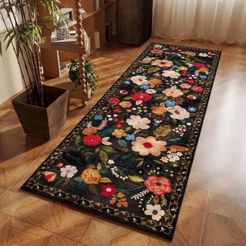 Image of Rugcomf Runner Rug for Hallways Kitchen Rug Non Slip 40 * 120 cm Washable Rugs with Rubber Backing Soft Floral Carpet Runner for Hallways, Kitchen, Laundry, Bedroom, Bathroom(Black)