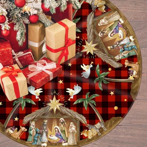 FuGuiB Wweihnachtsbaum Decke, 47 Zoll Rot Weihnachtsbaum Rock, Weihnachtsrock mit Jesus-Christus-Muster und rotem Seilband, geeignet für Weihnachtsfeiern, sorgt für Festliche Atmosphäre