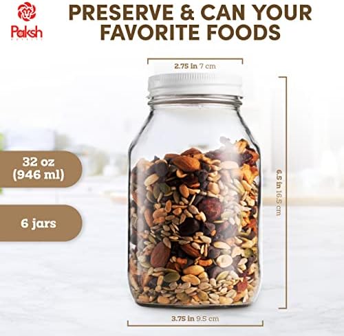 Glass Mason Jar with Lids 6-Pack | 946ml Jam Jars, Airtight Sealed Glass Jar Set, Metal Screw Top Lid- Food Storage Jars for Pickling Overnight Oats, Nuts, Dry Food, Craft & Decorating Jar