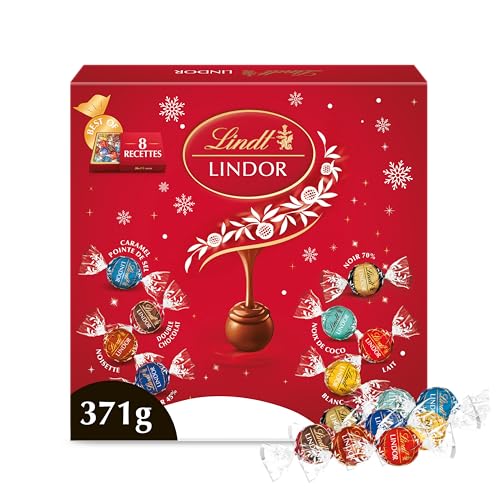 Lindt - Boîte Partage LINDOR - Assortiment de Chocolats au Lait, Blancs, Noir 70%, Noix de Coco, Double Chocolat, Caramel Pointe de Sel, Noisettes et Noir 45%​ - Cœur fondant - Idéal pour Noël, 371g