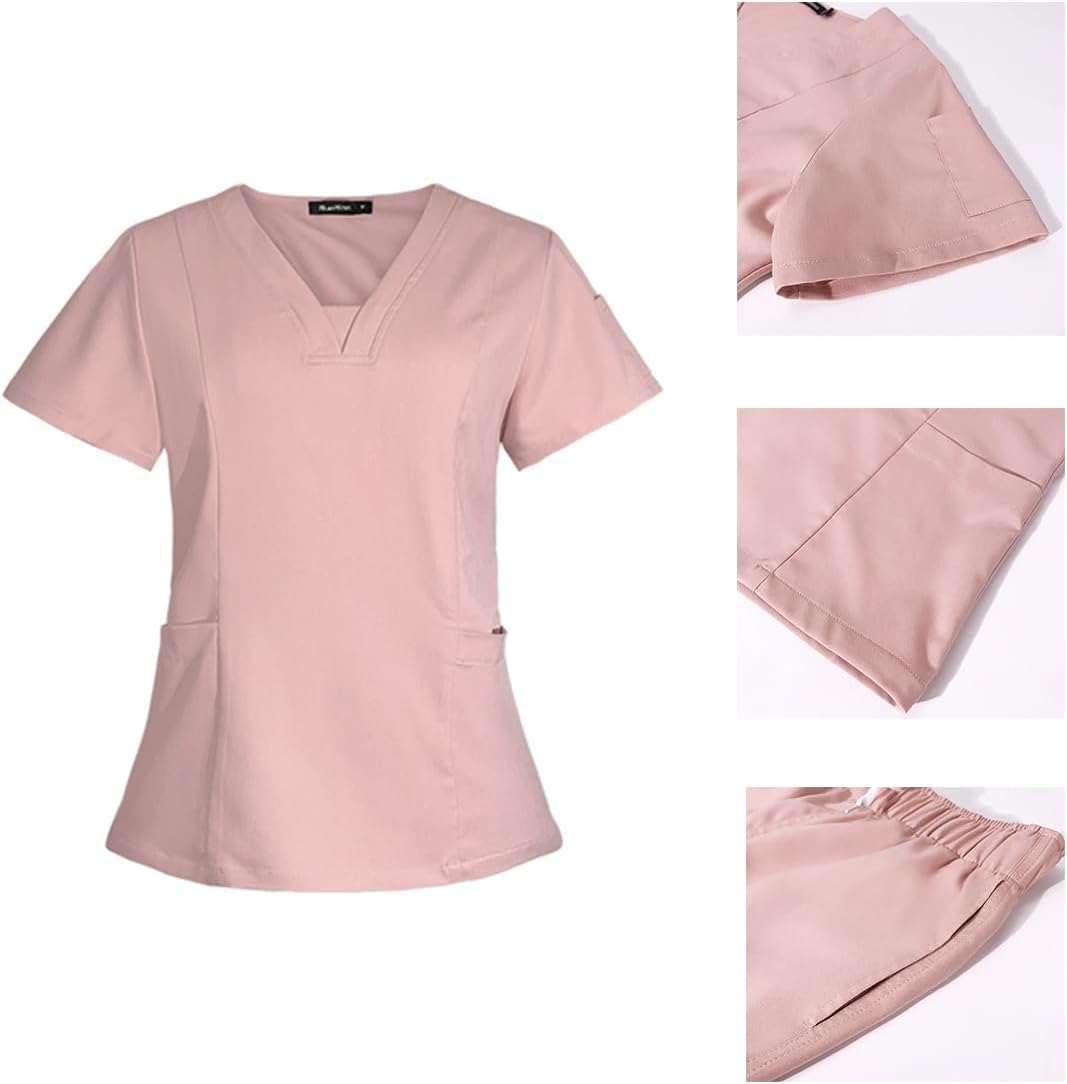 Meichoon Scrubs for Women Set Medical Clothing V-Neck Top with 3 Pockets Stretch Yoga Jogger Pants Sweat Wicking DK08