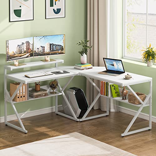 Tribesigns L Shaped Desk With Storage Shelves, 63 Inch Industrial Corner Computer Desk With Monitor Stand, Study Writing Table Workstation For Home Office, White #TOP18