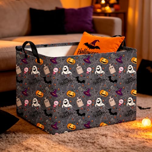 Image of CLOCOR Rectangular Storage Basket,Collapsible Cute Pattern Storage Bin,Waterproof Books Box with Handles,Gift Basket(Grey Tombstone Halloween)