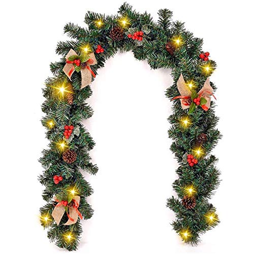 Weihnachtsgirlande, künstliche Kiefernkette, künstliche Weihnachtsgirlande, dekorierte Weihnachtsgirlande, Weihnachtsdekoration, LED-Lichter für Treppen, Wände, Türen 6 Fuß Cover