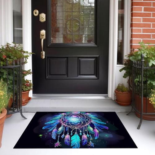 Tapis à poils courts bleu scène céleste de rêve motif attrape-rêves en plumes - 5