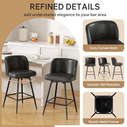 Image of Swivel Bar Stools Set of 5, 26 inch Counter Height Bar Stools with High Back and Metal Legs, Faux Leather Bar Chairs, Modern Barstools for Kitchen Island, Dark Grey