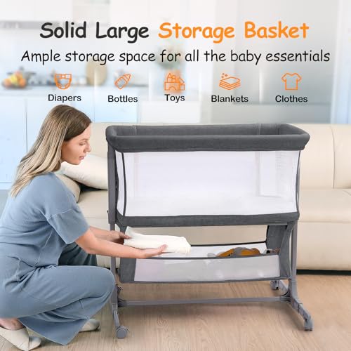Growaystory Beistellbett Baby Bettseitiger Bassinet für Neugeborene Tragbarer Baby Bett mit Rädern Aufbewahrungskorb Matratze 7-Fach Höhenverstellbar Zustellbett (Dunkelgrau)