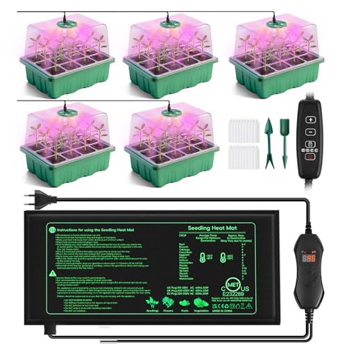 YAUNGEL Semilleros de Germinacion con Luces de Crecimiento y Almohadilla Térmica, 5 Piezas Mini Invernadero de Cultivo con Regulador de Termostato Brillo Ajustable, Lnvernadero con Tapa y Ventilación