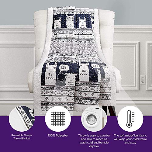 Lush Decor Llama Stripe Fuzzy Reversible Sherpa Throw Blanket, 60” X 50”, Navy #TOP1
