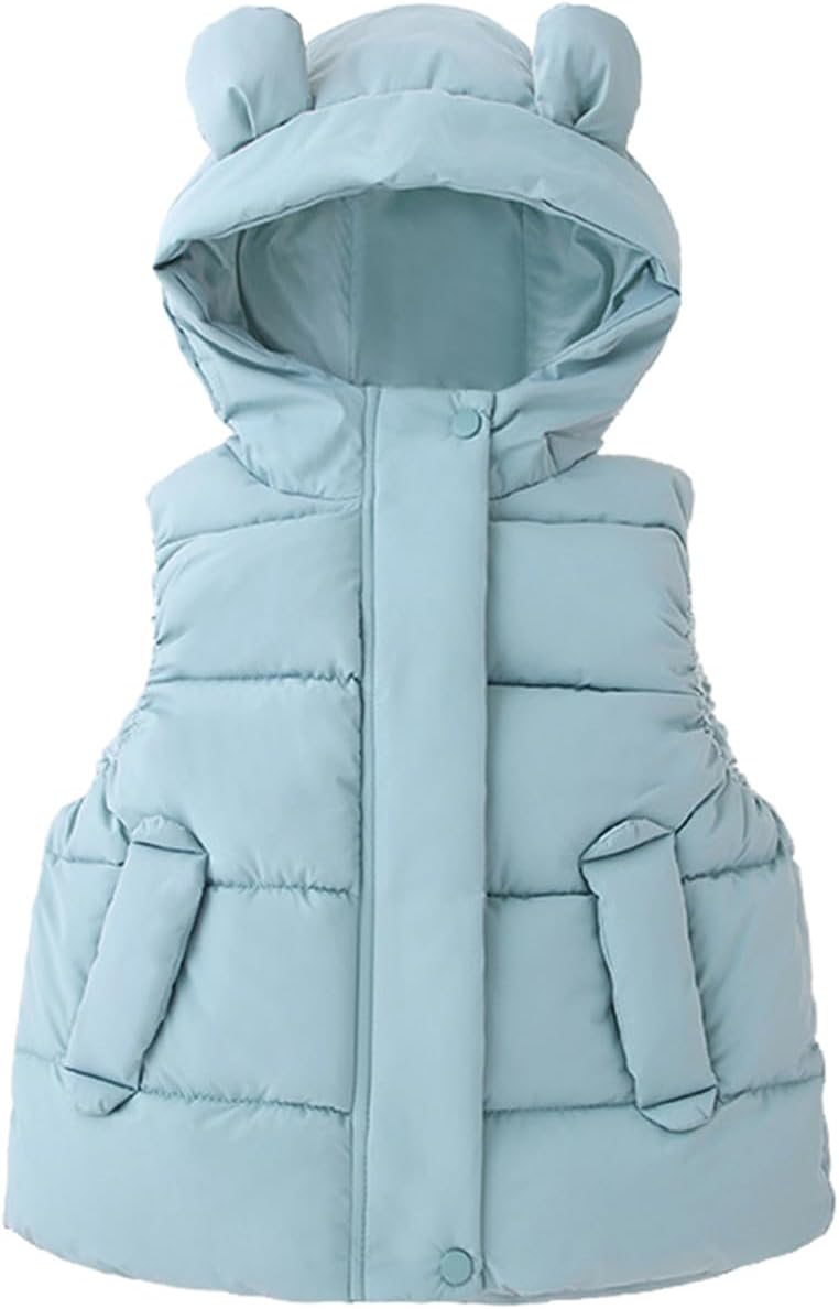 Little Girls Winter Warm Sleeveless Puffer Vest Jacket Padded Ear Hoods Coat Down Full Zip Waistcoat Gilet