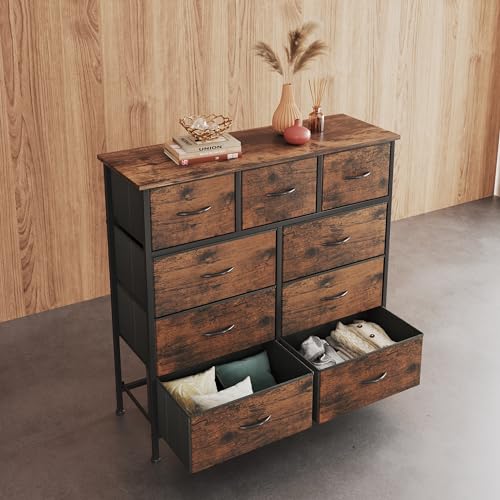 CAIYUN Chest of Drawers,Dresser for Bedroom with 9 Drawers,Fabric Dresser with Wood Top and Large Storage Space, Easy to Assemble, for Bedroom, Living room, Rustic Brown - Image 6